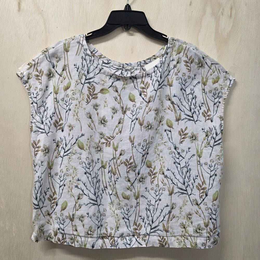 Cynthia Rowley 100% Linen Botanical Floral Button Back Cap Sleeve Top White M